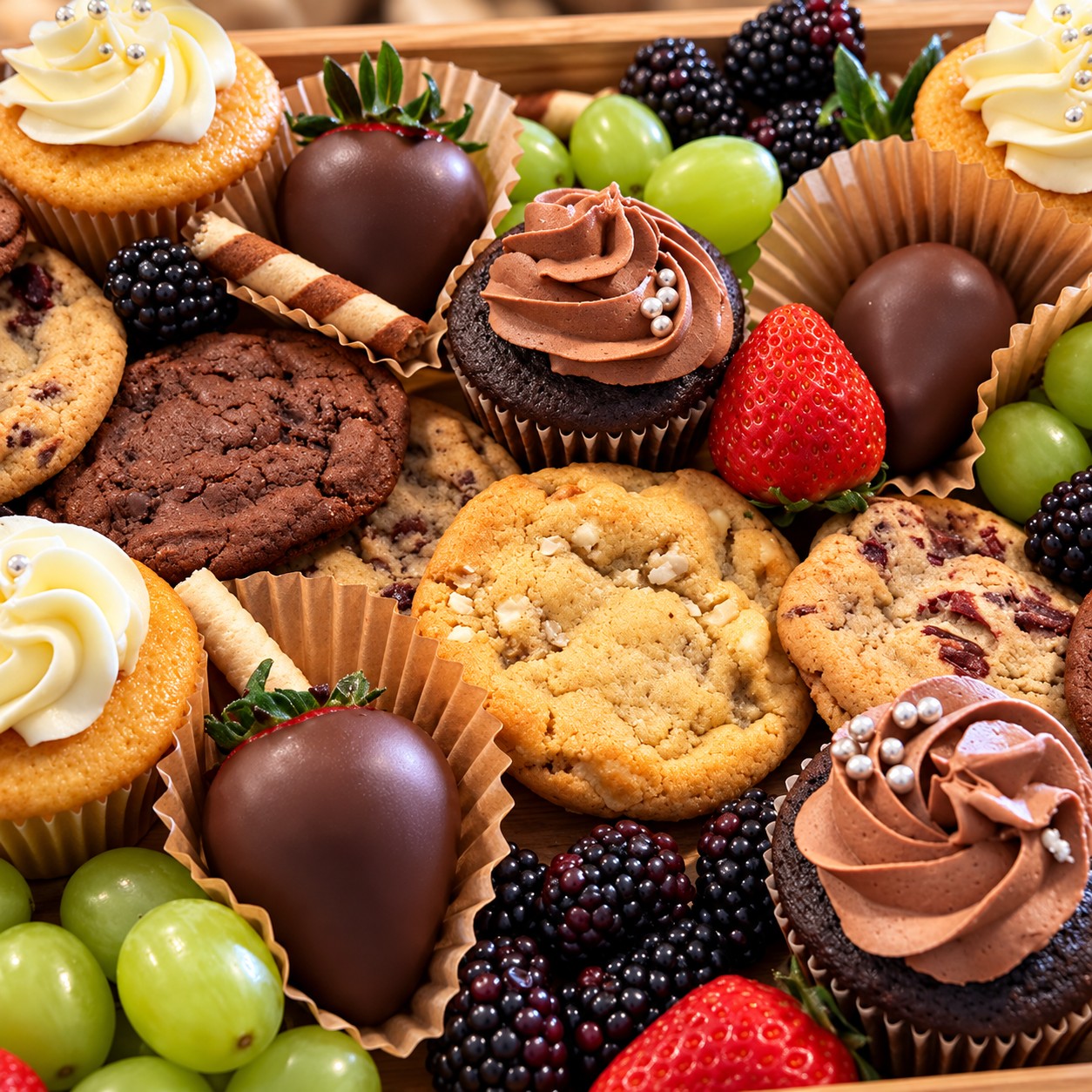 Cupcakes, cookies, chocolate-dipped strawberries, blackberries and grapes, close up