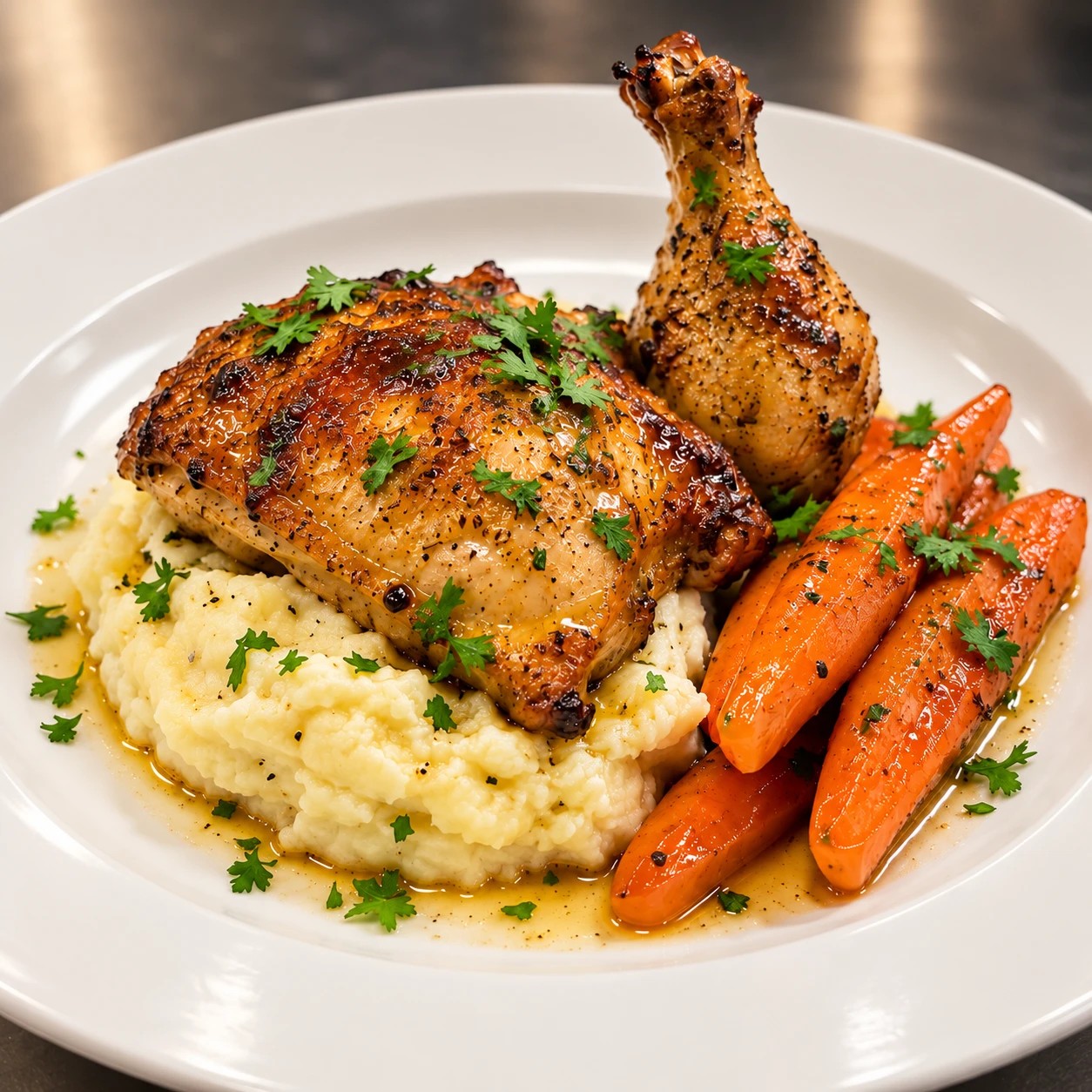 Roast chicken with mashed potatoes, glazed carrots and pan sauce on a white plate